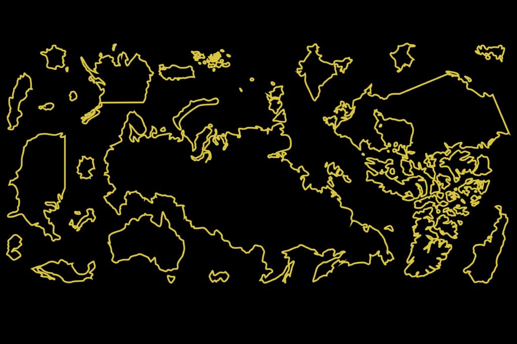 Abgebildet sind die Umrisse verschiedener Länder. Sie bilden dabei nicht die übliche Weltkarte, sondern liegen kreuz und quer durcheinander.
