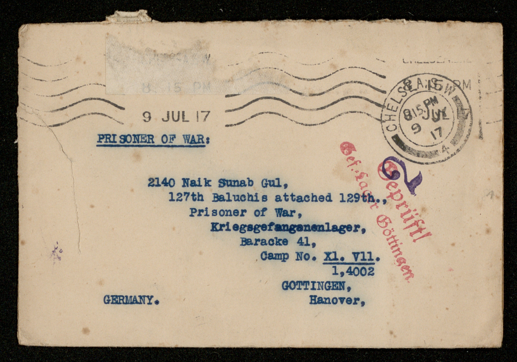 Umschlag eines Briefes an Sunab Gul, einer der Gefangenen, mit denen Friedrich Carl Andreas zusammenarbeitete, ca. 1917; SUB Göttingen, Cod. Ms. F. C. Andreas 1 471, Bl. 1