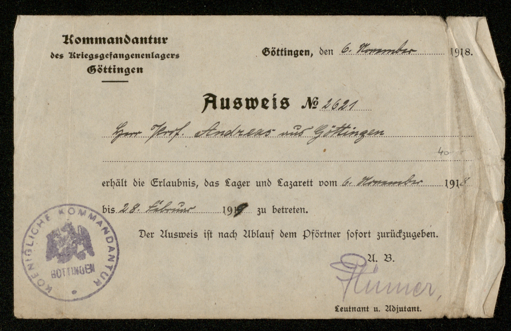Passierschein für Friedrich Carl Andreas, der ihm den Aufenthalt im Göttinger Kriegsgefangenenlager gestattete, Nov. 1918